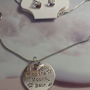 Handmade Love you to the moon and back silver necklace & earring set